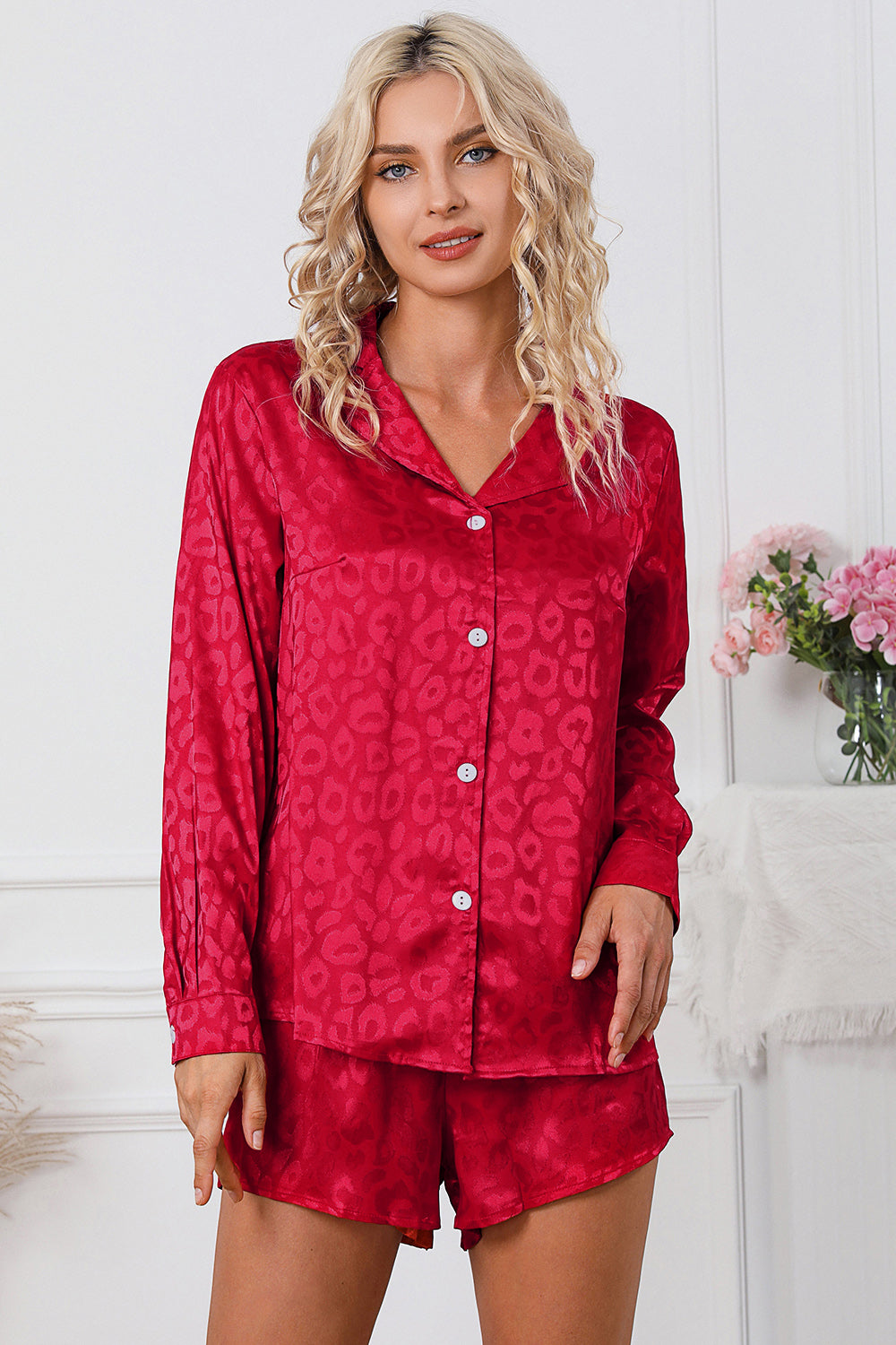 Red Long Sleeve Shirt and Shorts Lounge Set